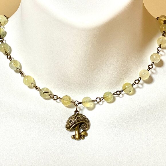 Natural Yellow Green Prehnite Necklace, Bronze Round Mushroom + Genuine Gemstone - Picture 2 of 16